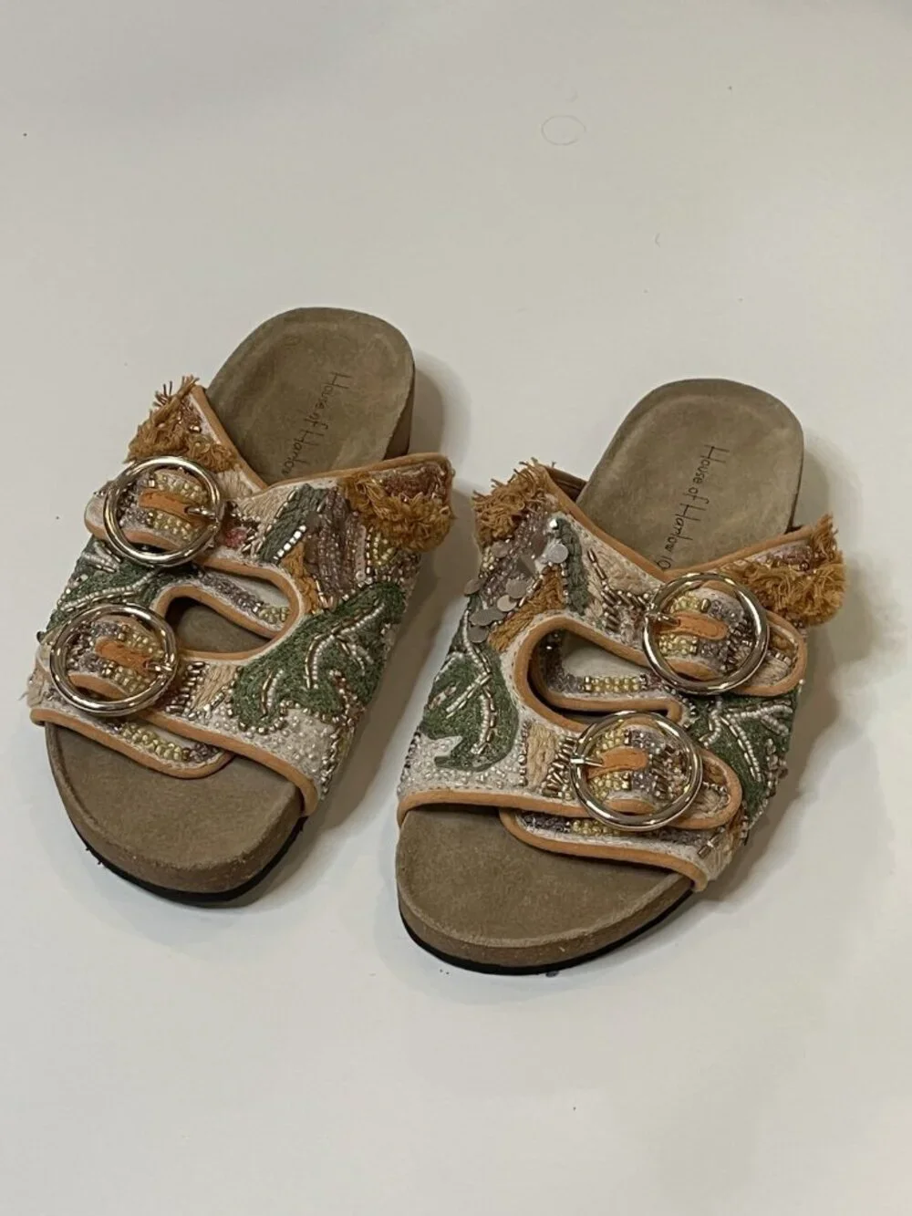 House of Harlow Beaded Slide Sandals Sz 6 Boho Embellished Festival Lux